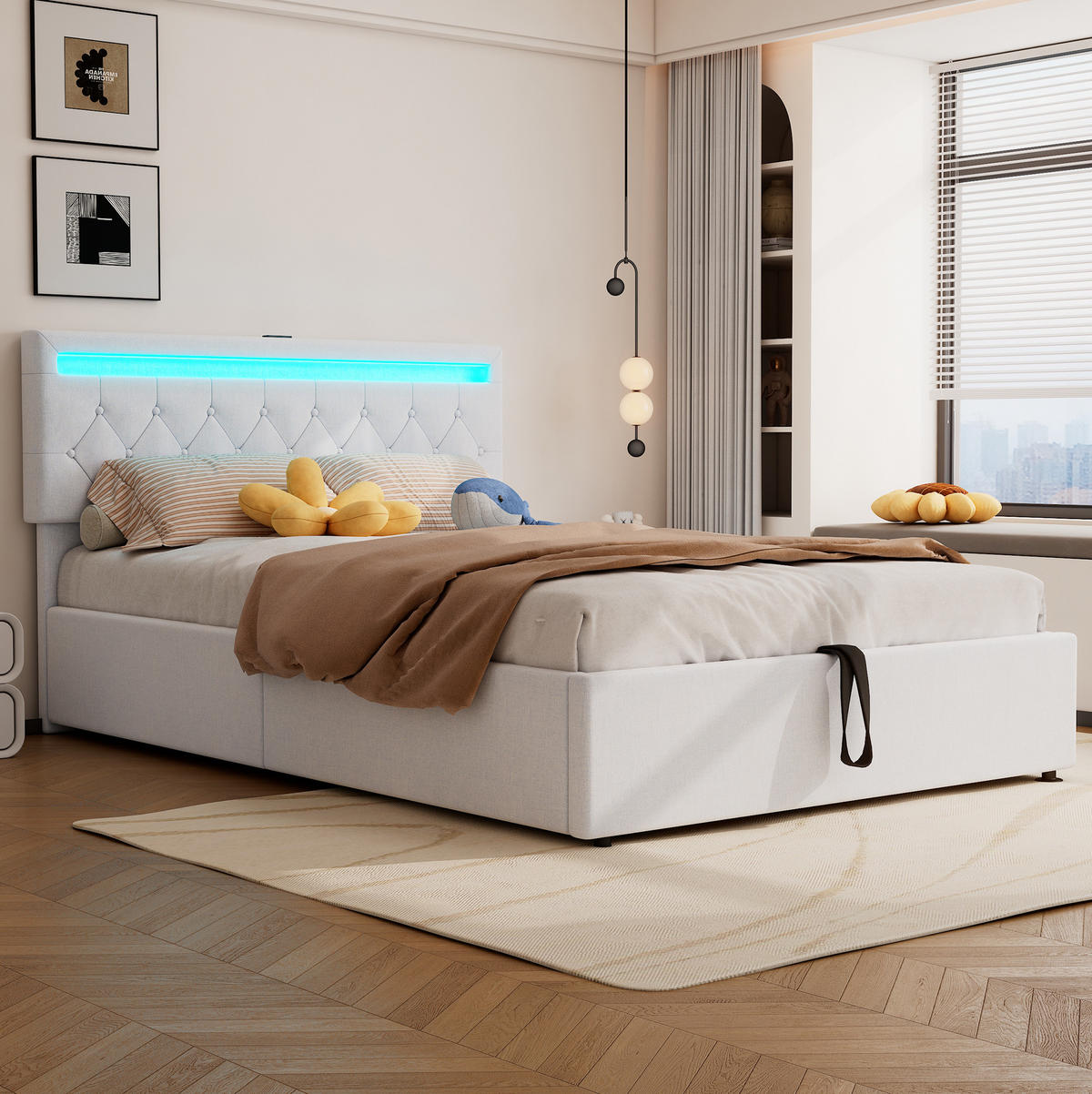 POLSTERBETT 140/200 cm Weiß mit Stauraum, LED-Beleuchtung und USB-Anschlüssen - Weiß, Textil (140/200cm) - Flora Grace