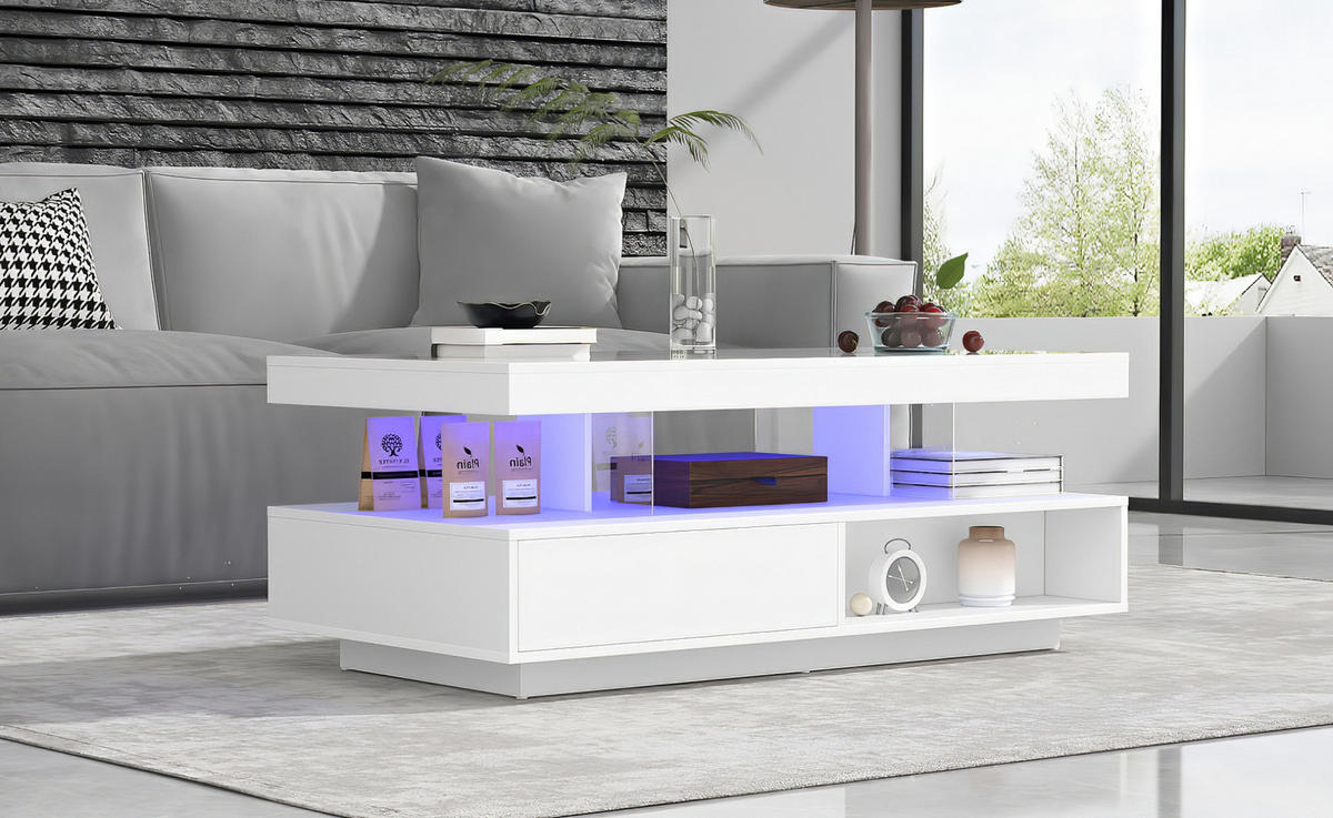 COUCHTISCH aus Spanplatte 90x50x42,5 cm Weiß mit LED-Beleuchtung, 2 Schubladen und Glaseinsätzen - Weiß, Holzwerkstoff (90/50/42.5cm) - IVMEU
