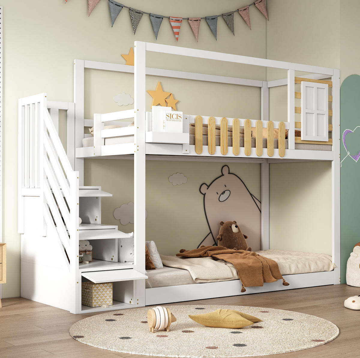 ETAGENBETT 90/200 cm Weiß/Natur mit Treppe, Stauraum und Fensterdesign - Weiß, Holzwerkstoff (90/200cm) - Flora Grace