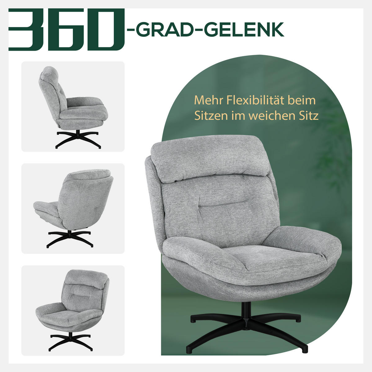 SESSEL Drehbar Loungesessel mit Wasserabweisend Chenille-Optik für Wohnzimmer - Schwarz/Grau, Textil/Metall (91/98/79cm) - HOMCOM