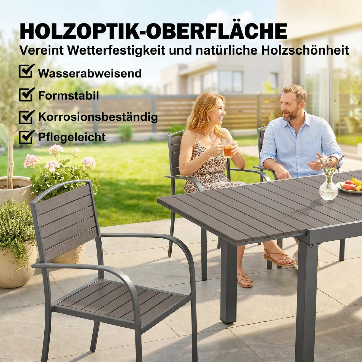 GARTENMÖBEL Set 7-teilig,ausziehbarer Lamelentisch+6 stapelbare Stühle - Grau, Holzwerkstoff - Vallsero