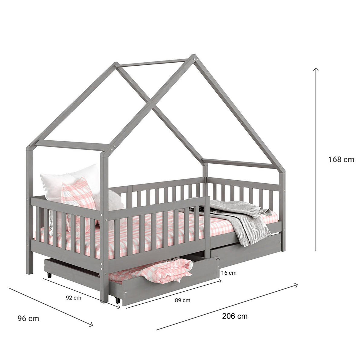 HAUSBETT ALVA 90x200 cm grau - Grau, Holz (96/168/206cm) - IDIMEX