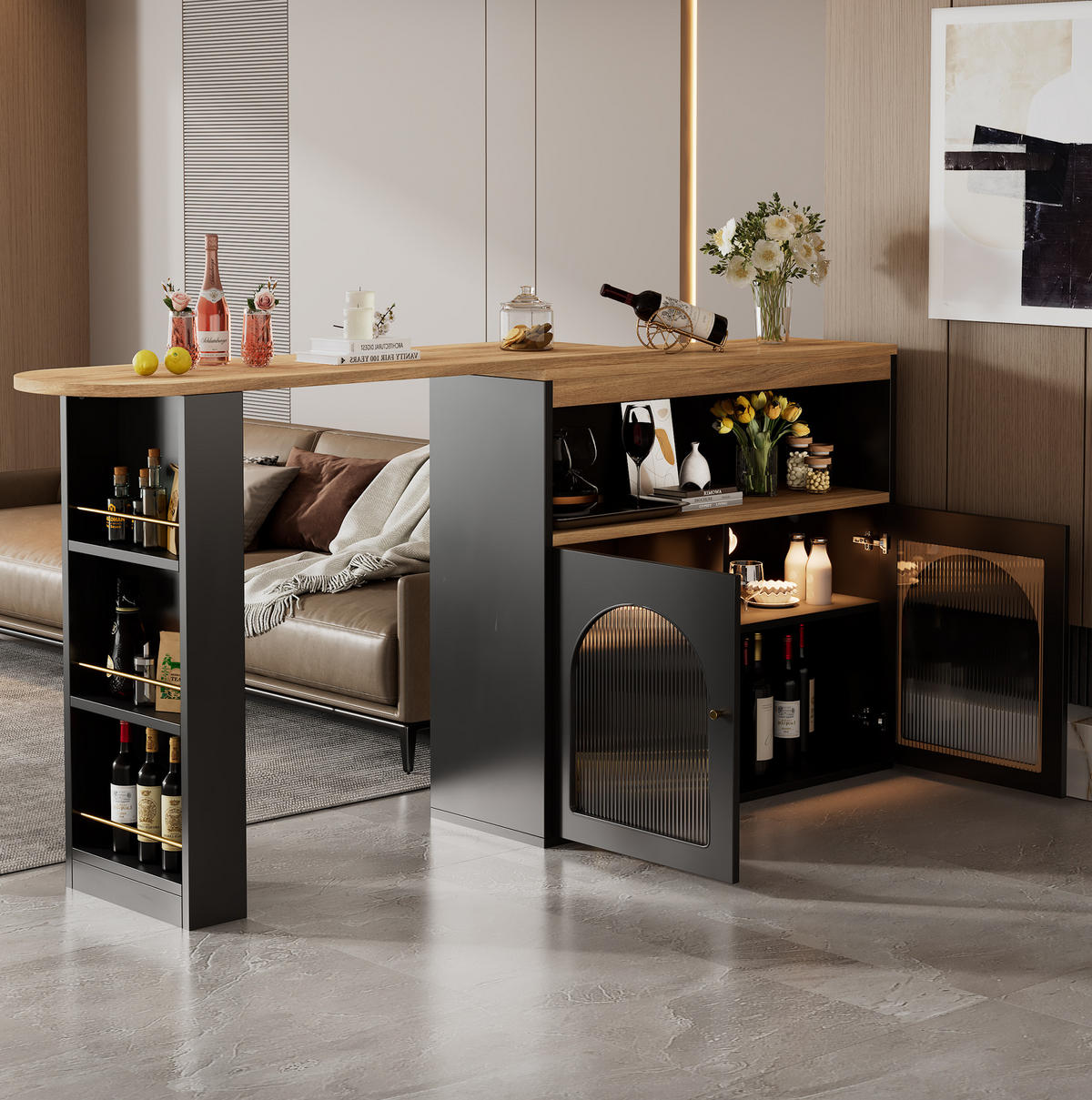 BARSKI stol 138-193/39/105 cm crni od MDF-a s LED rasvjetom i rotacijom 360° - crna, drvni materijal (39/193/105cm) - OKWISH
