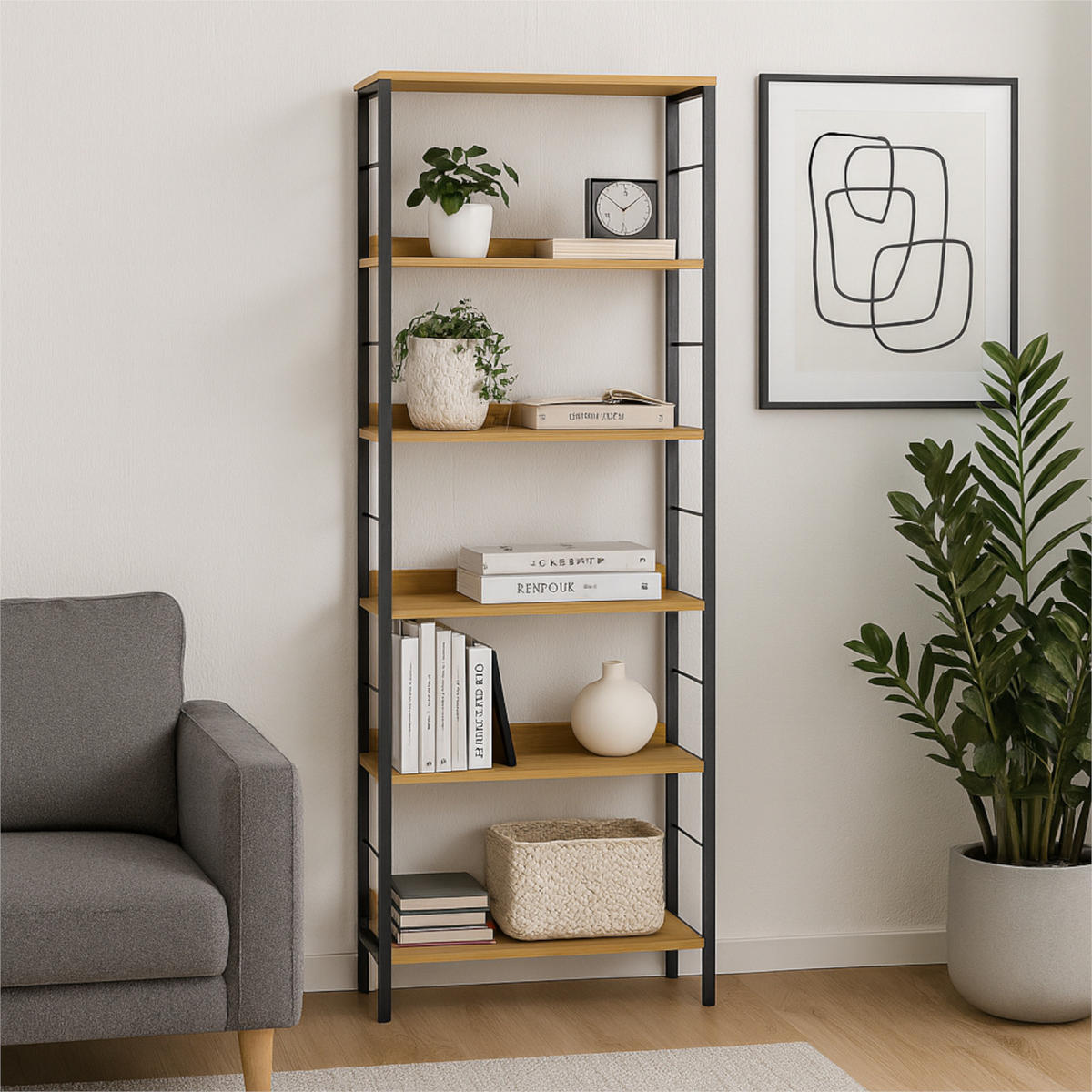 STANDREGAL Holzoptik Metall Eichebraun Schwarz 6 Ebenen 178×60×30 cm - Eichefarben/Schwarz, Holzwerkstoff/Metall (60/178/30cm) - Begryf