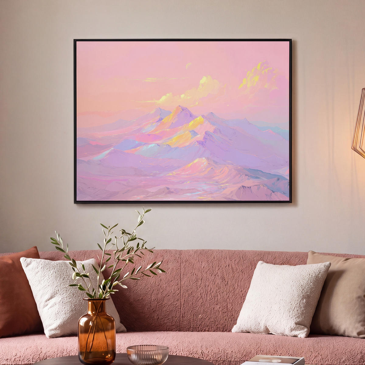 LEINWAND Bilder mit Rahmen - Berggipfel - Wolken - Verträumt - 100x70 - Hellrosa, Textil (100/70cm) - OnlyWow