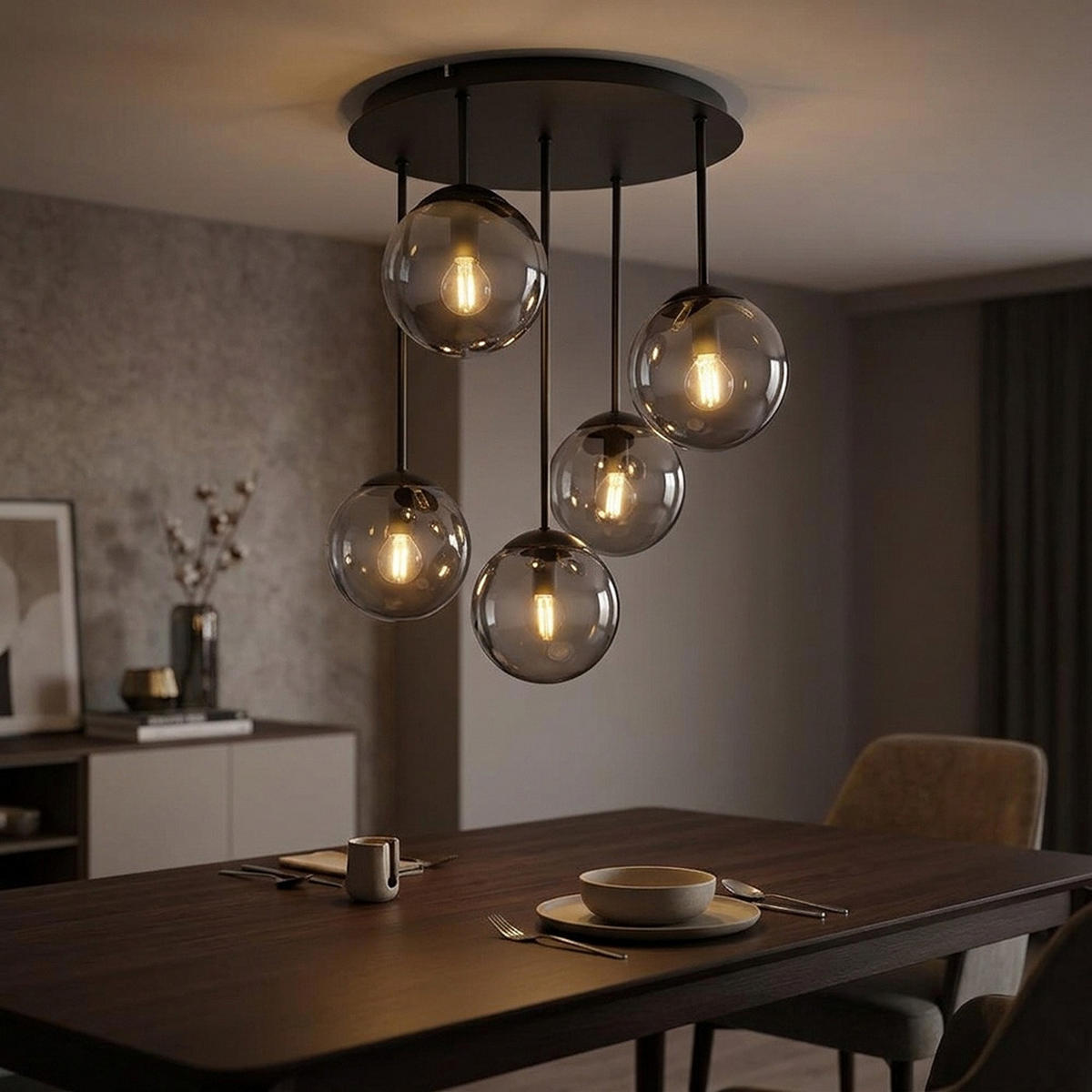 DECKENLEUCHTE HARMON Metall, Schwarz, 5-flammig - Anthrazit, Glas (38/38/51cm) - Globo Lighting