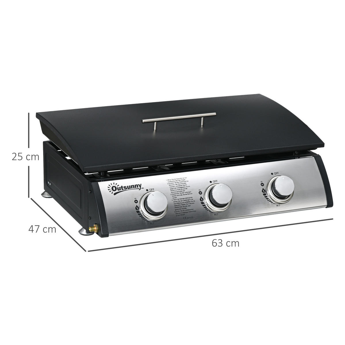 GASGRILL BBQ mit 3 Brennern, Edelstahl, Metall, Schwarz, 63 x 47 x 25 cm - Schwarz, Metall (47/25/63cm) - Outsunny