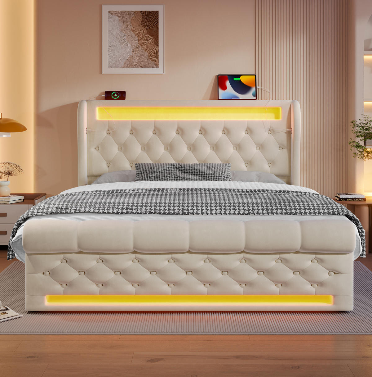 BETT mit LED und Stauraum 140x190 cm Samt Beige - Beige, Metall (140/190cm) - Meubliv