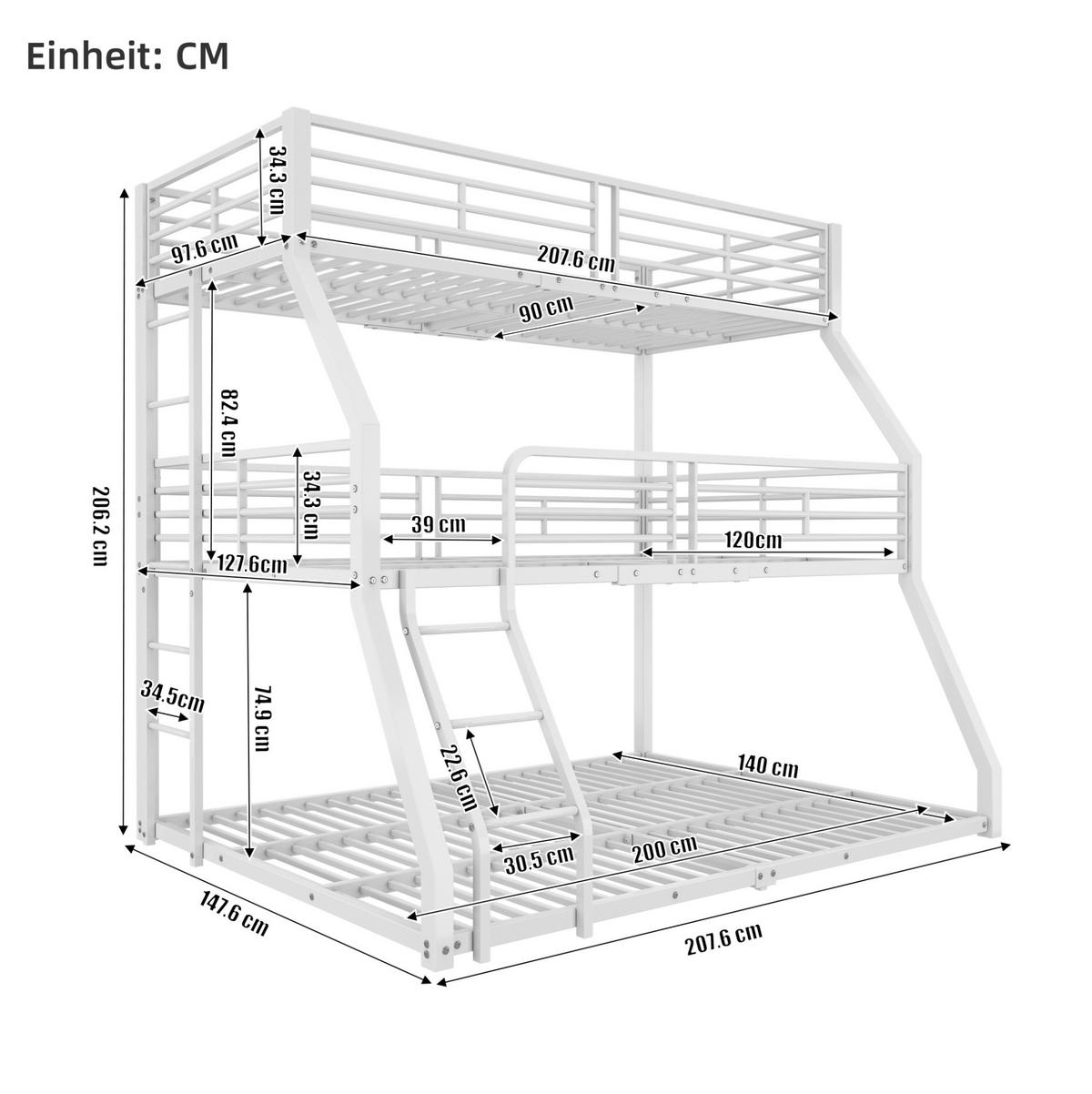 ETAGENBETT 90/200 cm Weiß Metallbettgestell mit Geländern für Kinder - Weiß, Metall (90/200cm) - OKWISH