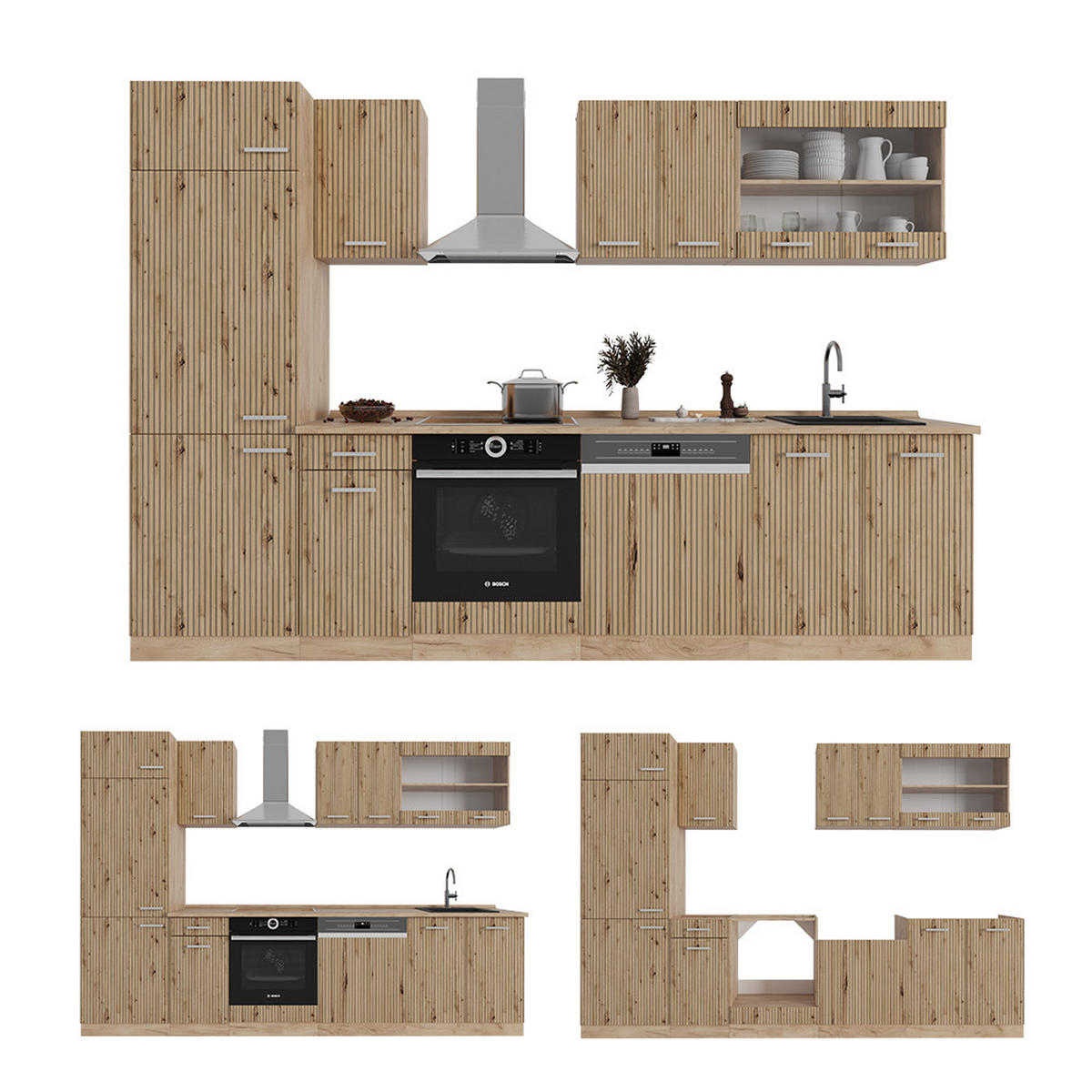KÜCHE R-Line Artisan-Eiche/Goldkraft Eiche 300 cm, AP Marmor - Eiche Wotan/Eiche Artisan, Holzwerkstoff (300/81.6/60cm) - Vicco