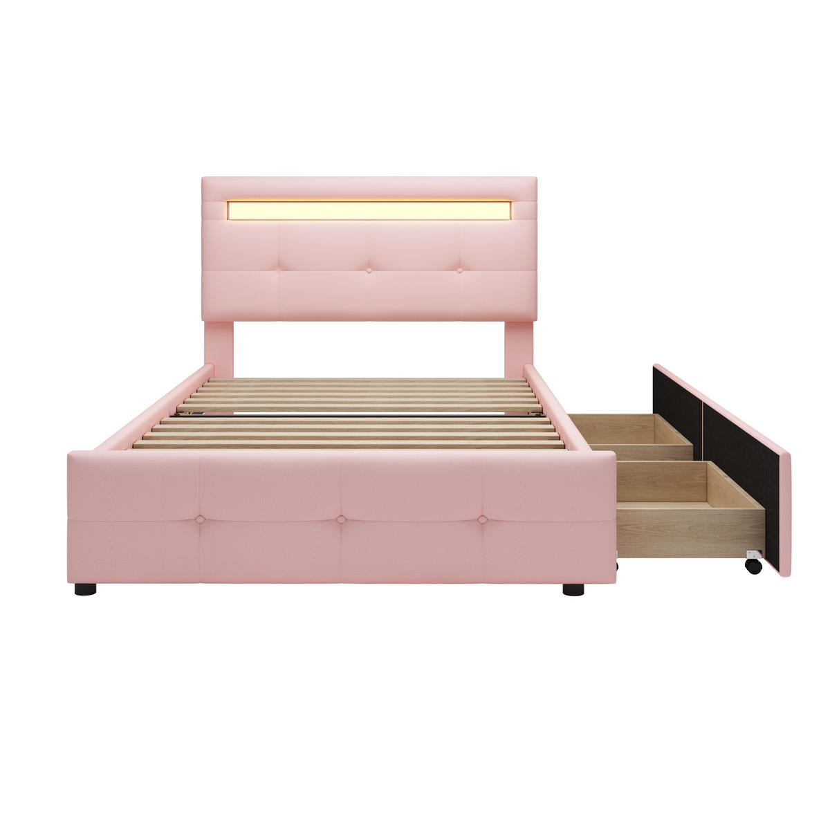 POLSTERBETT 90x200 Rosa Leinen LED Schubladen - Pink, Textil (90/200cm) - FLIEKS