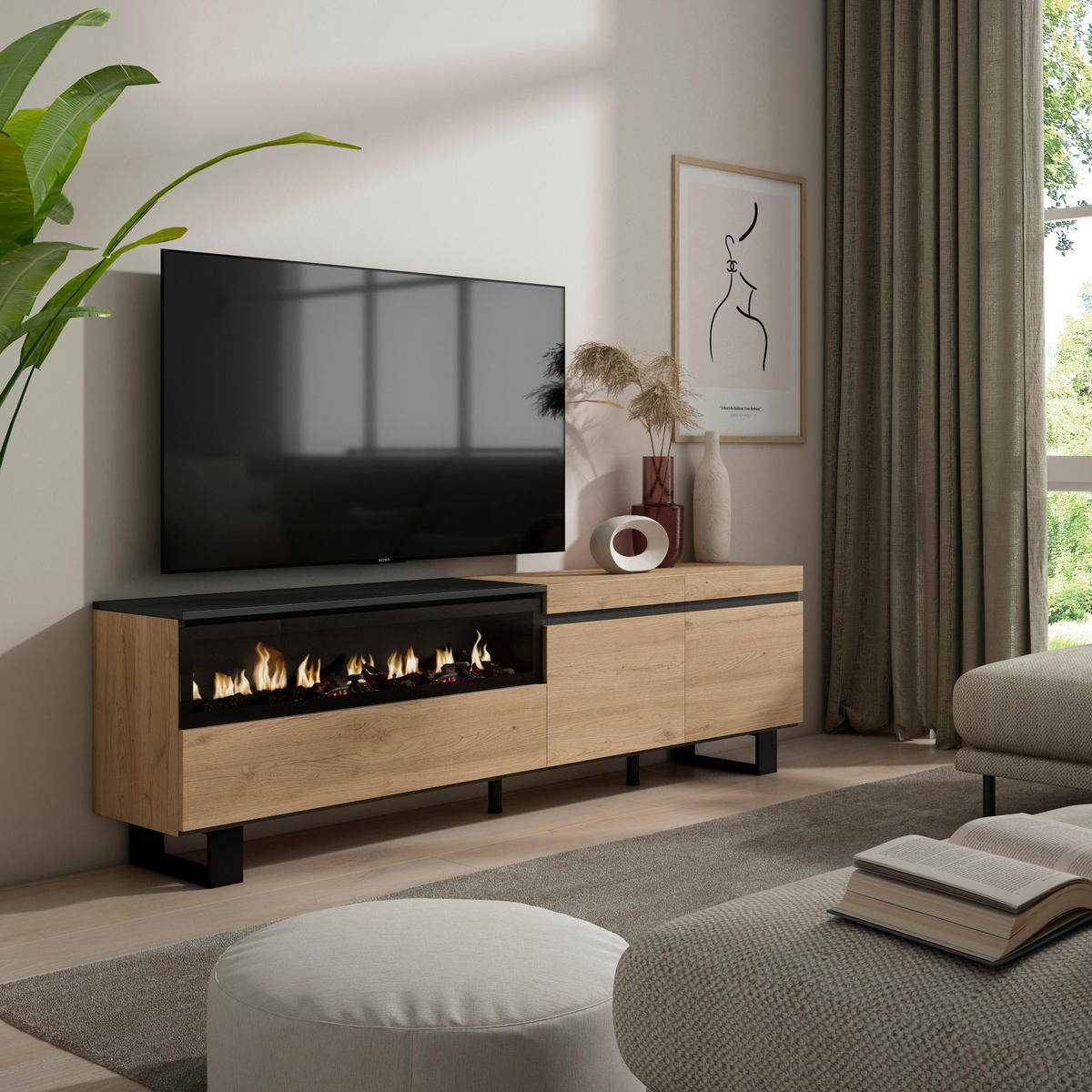 LOWBOARD Elektrokamin, eiche, schwarz, 200/35/57cm - Eichefarben/Naturfarben, Holzwerkstoff (200/57/35cm) - Skraut Home
