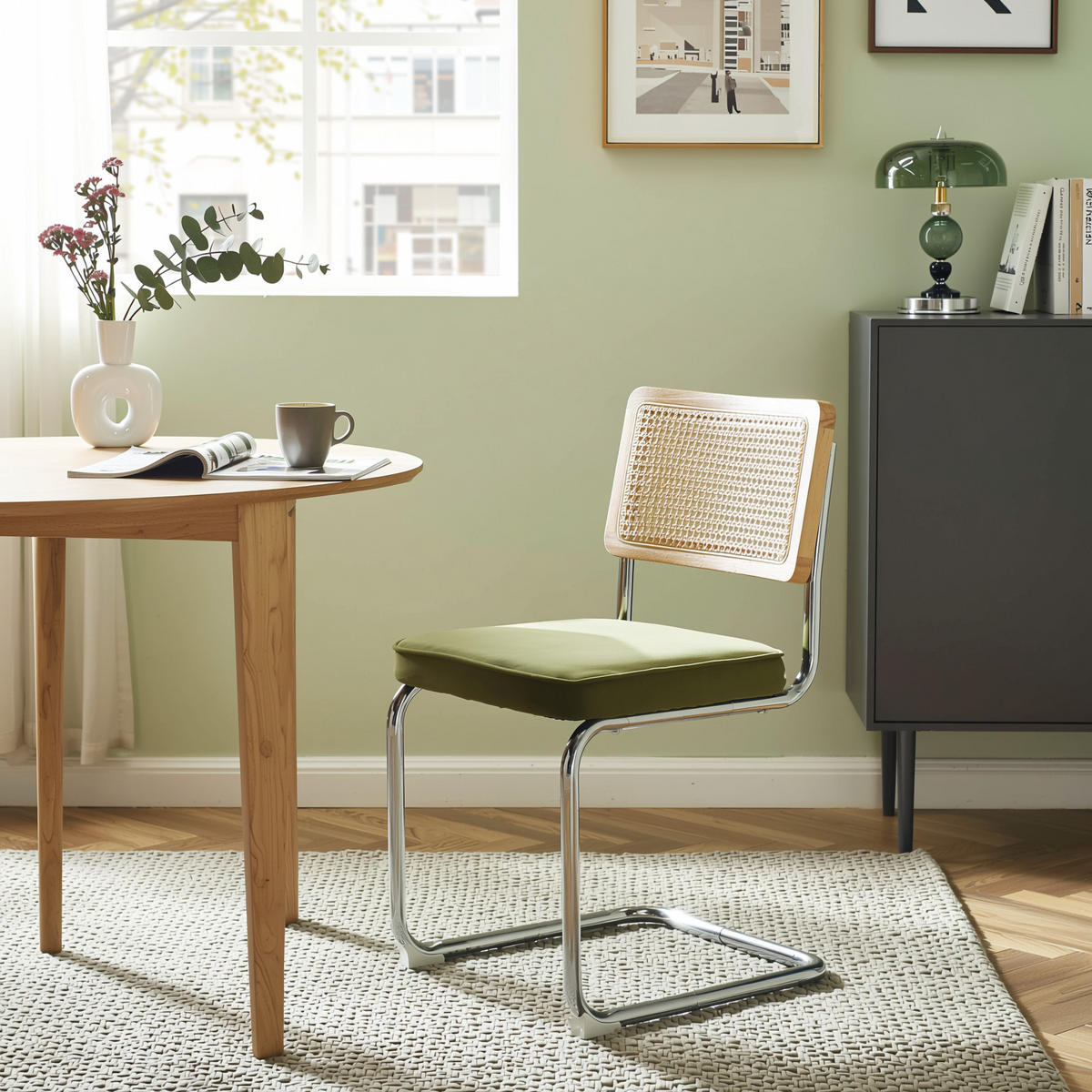 ESSZIMMERSTUHL Set 2er Olivgrün Samt & Rattan Freischwinger mit Chromgestell - Olivgrün, Textil (59/81/47cm) - Urban Meuble