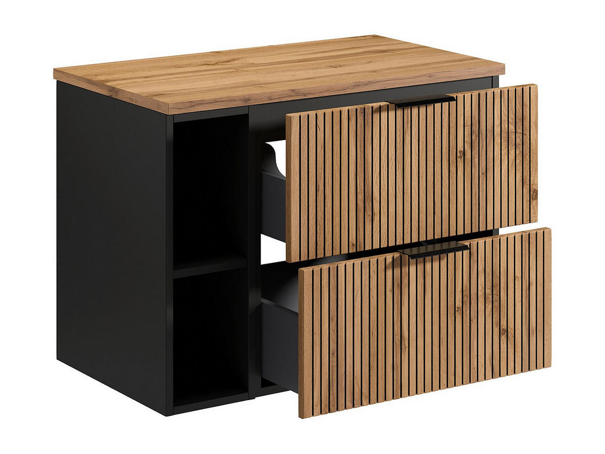 WASCHBECKENUNTERSCHRANK hängend mit Ablagen - Streifenoptik - Holzfarben hell - 80 cm - MADELA - Schwarz, Holz (80/57/46cm) - Vente-Unique