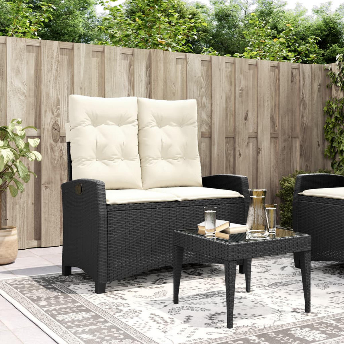 GARTENBANK Verstellbar mit Kissen Schwarz Poly Rattan - Schwarz, Kunststoff (105/93/66cm) - furnicato