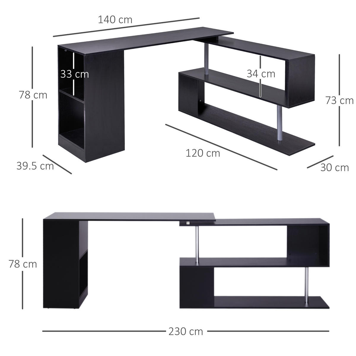 ECKSCHREIBTISCH Schwarz 1 Stück - Schwarz, Holzwerkstoff (140/120/78cm) - GiPP