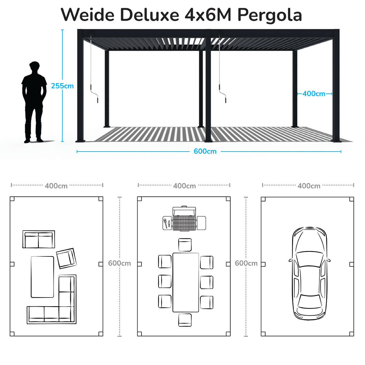 PERGOLA Deluxe Plus Pavillon Terrassenüberdachung Aluminium 4 x 6 m anthrazit - Anthrazit, Metall (400/255/600cm) - WEIDE