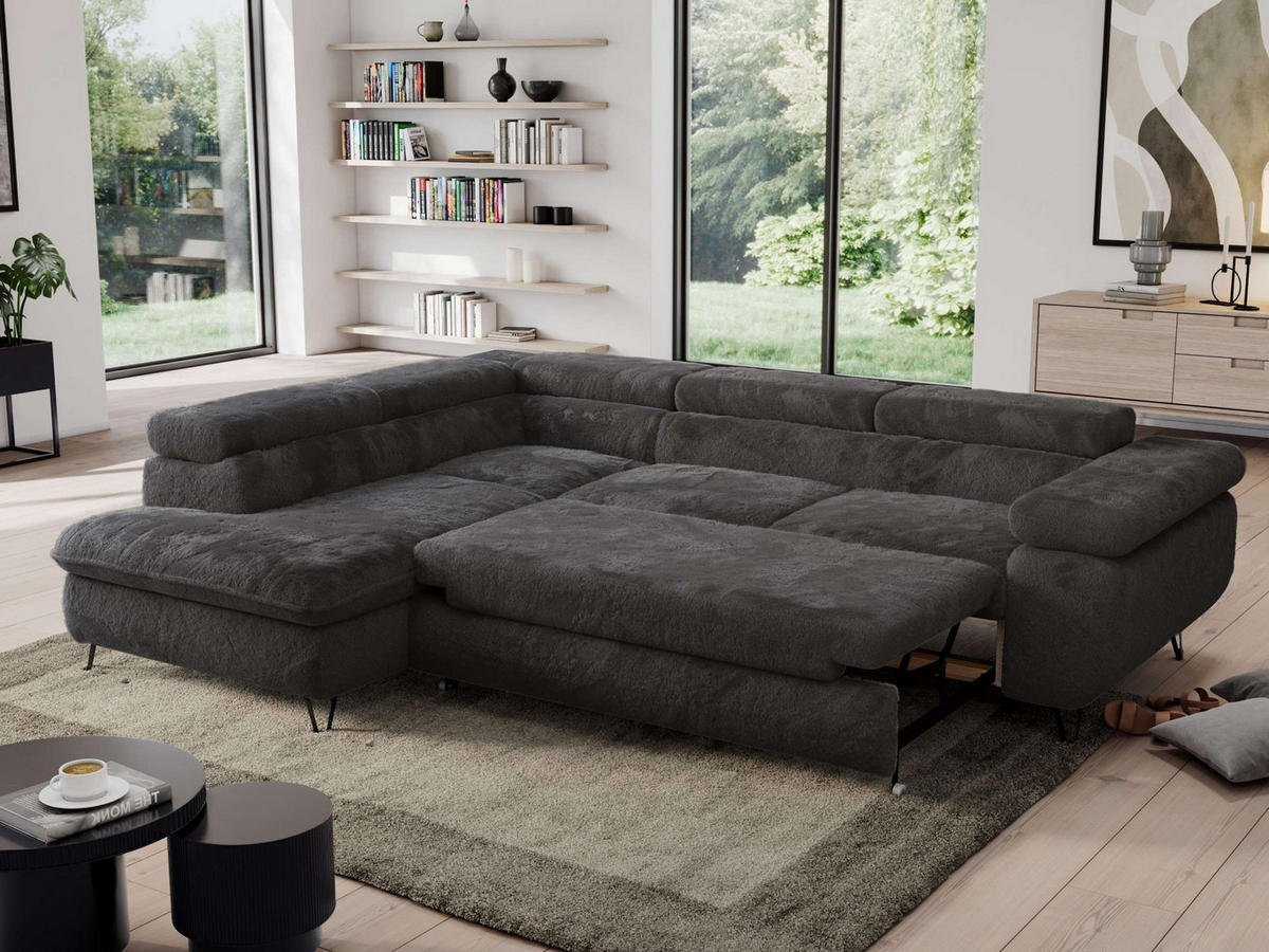 ECKSOFA PEDRO L Anthrazit Plüsch - Links Seite - Anthrazit/Schwarz, Textil/Metall (208/273cm) - MKS