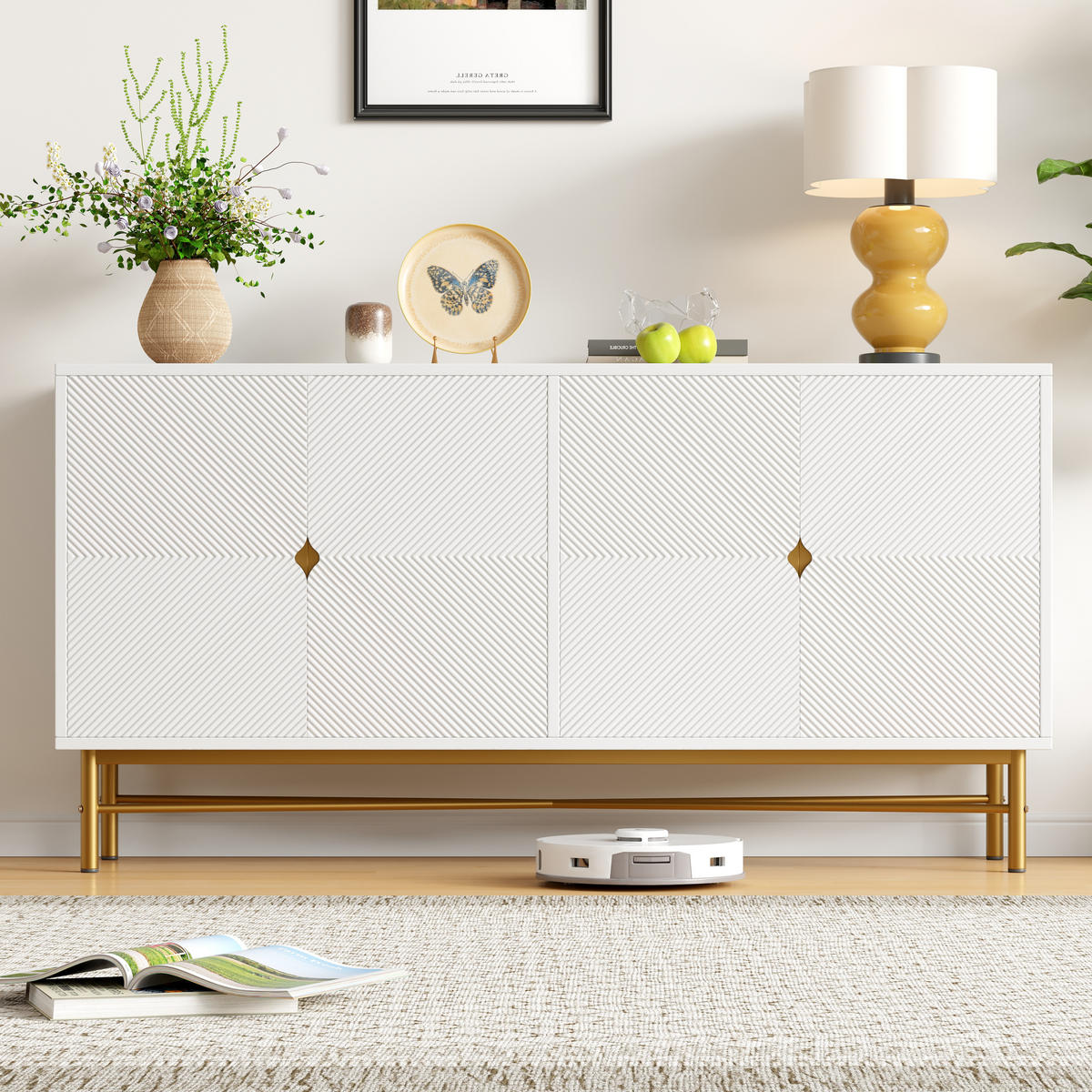 SIDEBOARD Weiß 4 Türen Gold Griffe Hochglanz 160x40x82cm - Weiß, Holzwerkstoff (40/82/160cm) - FLIEKS