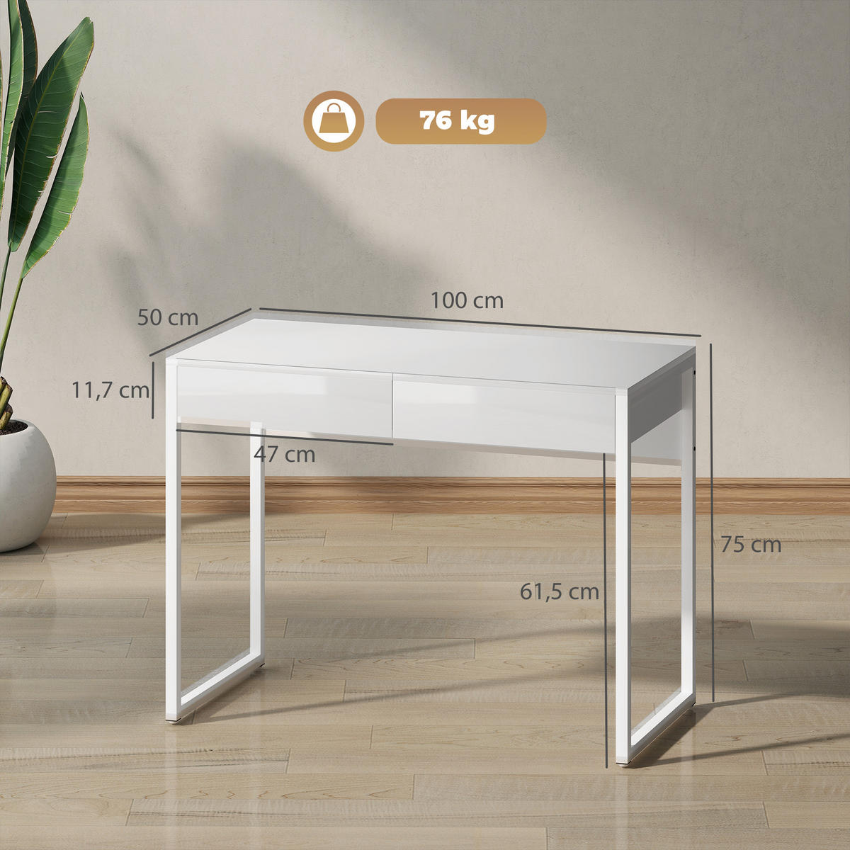 SCHREIBTISCH Stahl Holz Weiß - Weiß, Holzwerkstoff/Kunststoff (100/50/75cm) - HOMCOM