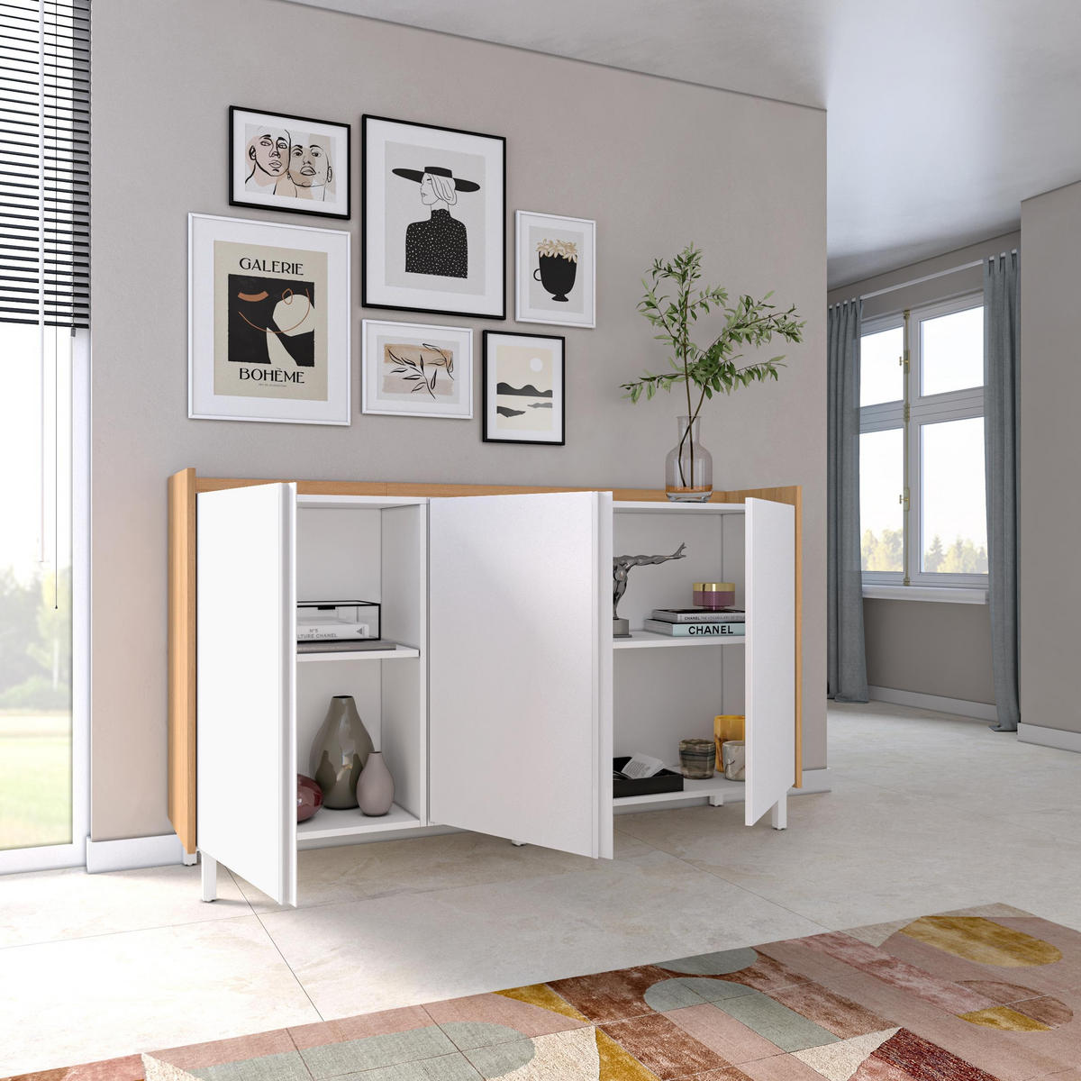 SIDEBOARD, Weiß und Eiche, 156/35/91cm, mit Beinen - Weiß, Holzwerkstoff (156/91/35cm) - Skraut Home