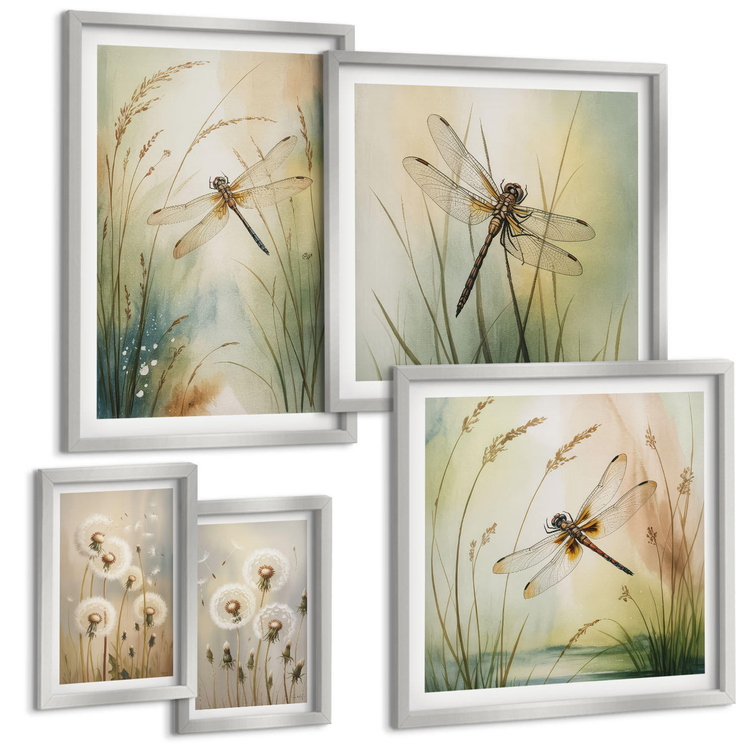 BILDER SET 5er Set - 50x50 cm & 20x30 cm & 40x60 cm Silberner Rahmen - Strandbretter, Surfboote, Vögel - Silberfarben, Kunststoff (40/60cm) - TULUP