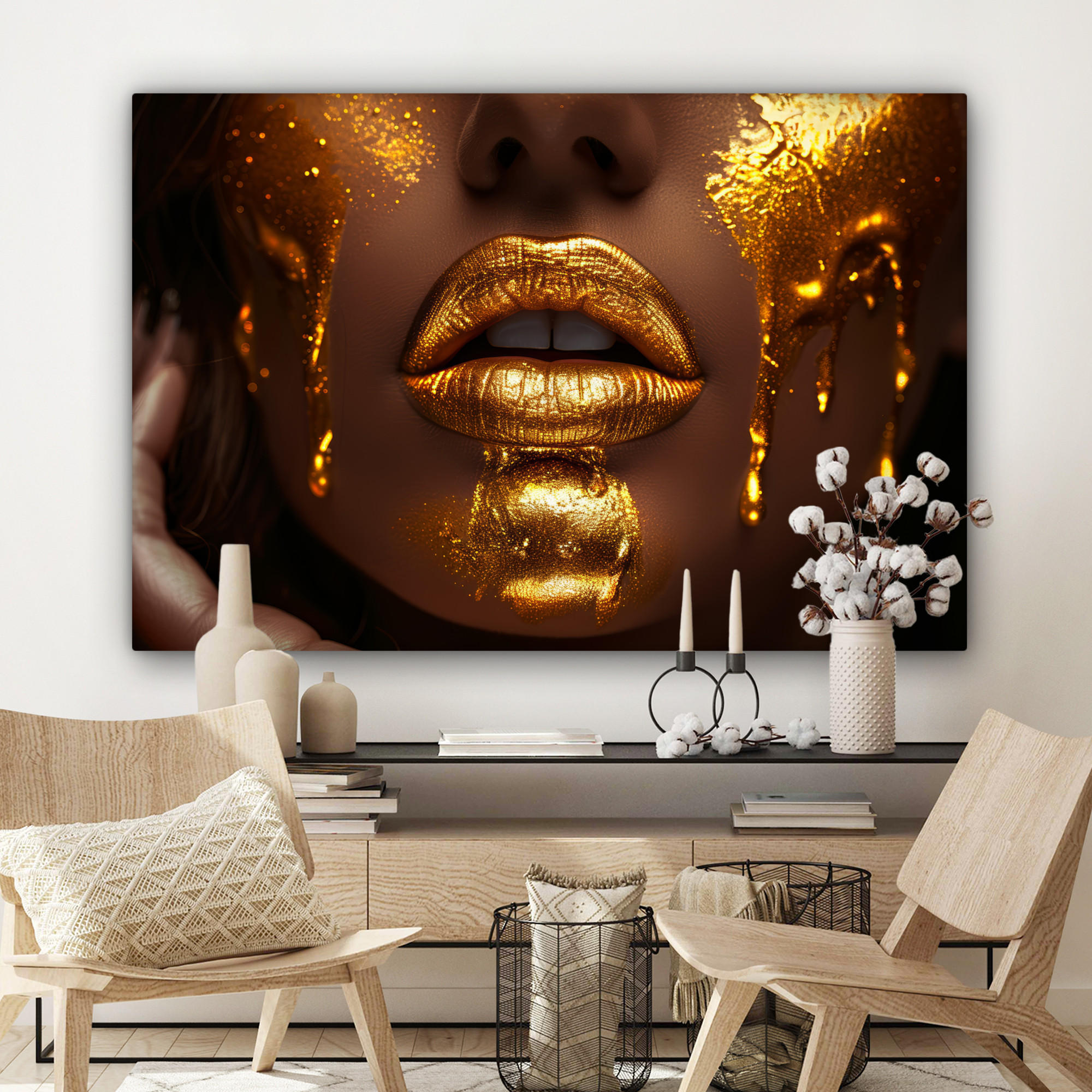 LEINWANDBILD Frau - Gold - Luxus - Porträt XXL 150x100 cm - Goldfarben, Textil (150/100cm) - MuchoWow