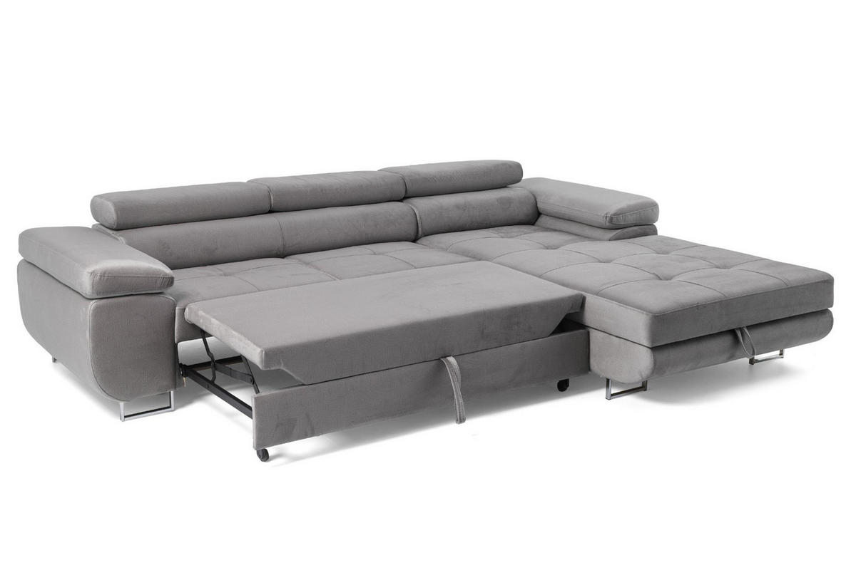 ECKSOFA ALONZO L Rechts mit Schlaffunktion 125x195 Velours Grau - Silberfarben/Grau, Holz/Textil (203/275cm) - Muffo