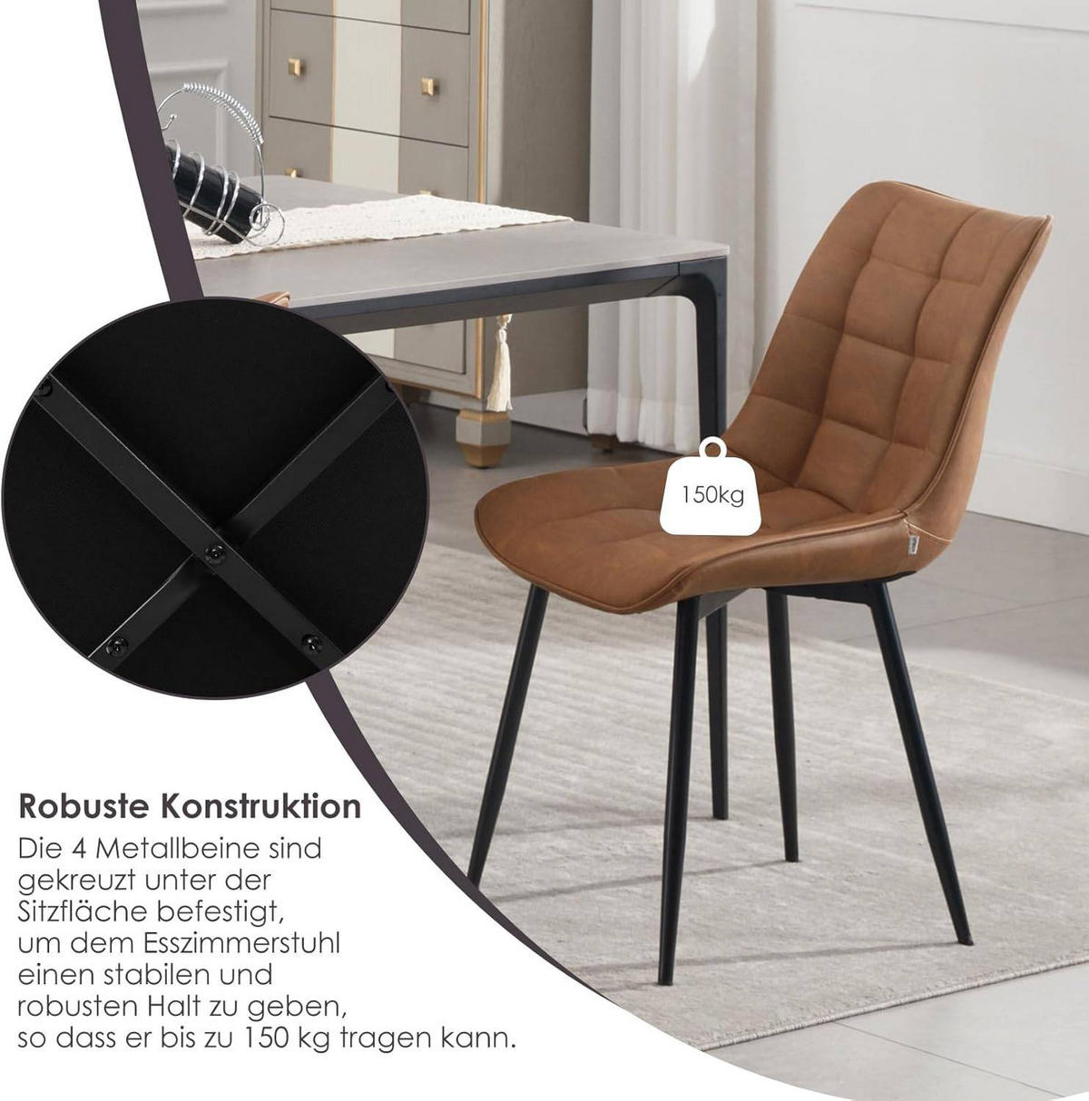 ESSZIMMERSTUHL 2er Set, Sitzfläche aus Kunstleder - Hellbraun/Schwarz, Metall (46.5/85.5/46cm) - Woltu