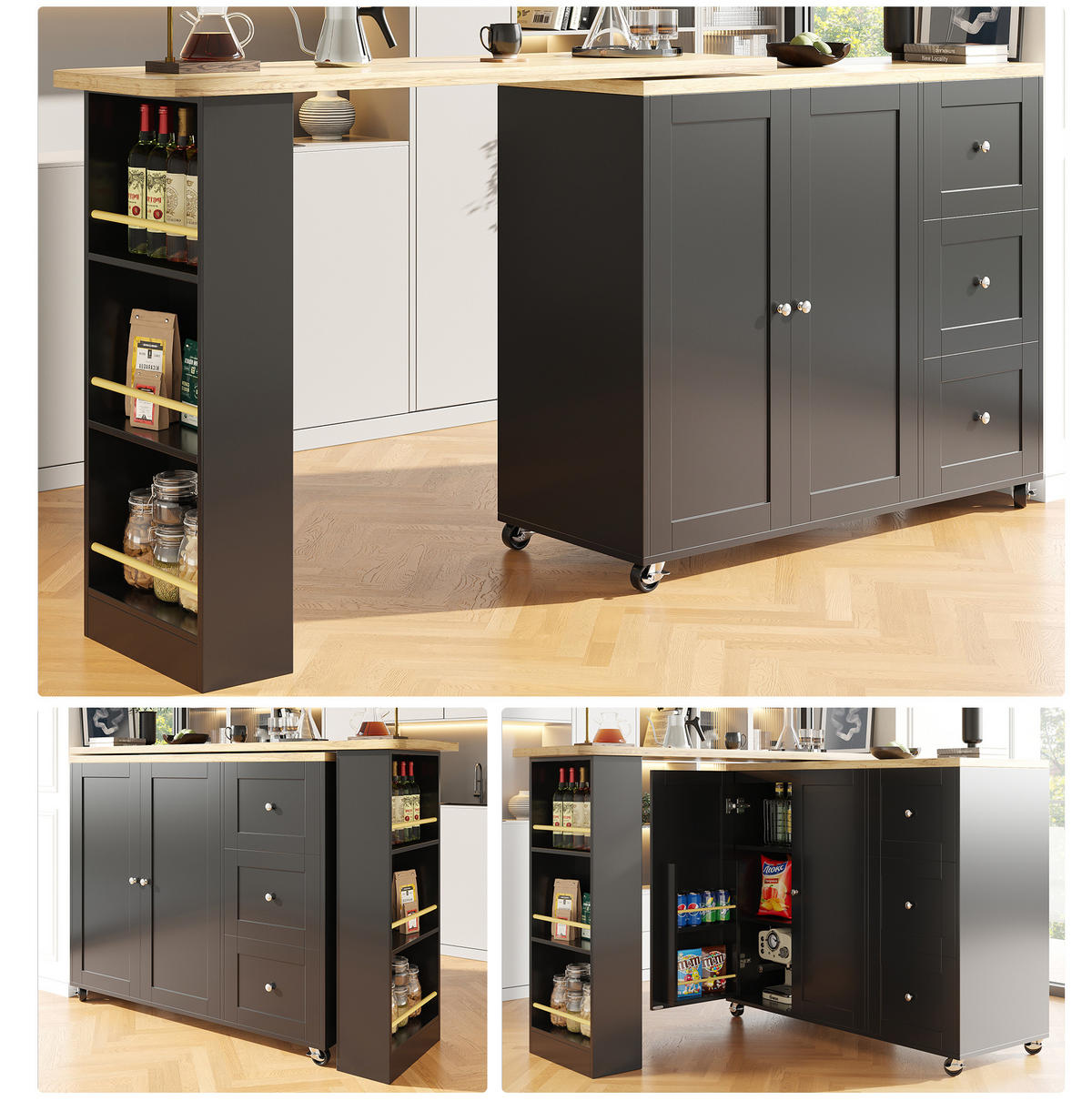 KÜCHENINSEL 135-203/106/39 cm Schwarz aus MDF mit 360°-Drehfunktion - Schwarz, Holzwerkstoff (39/106/203cm) - OKMYHOME
