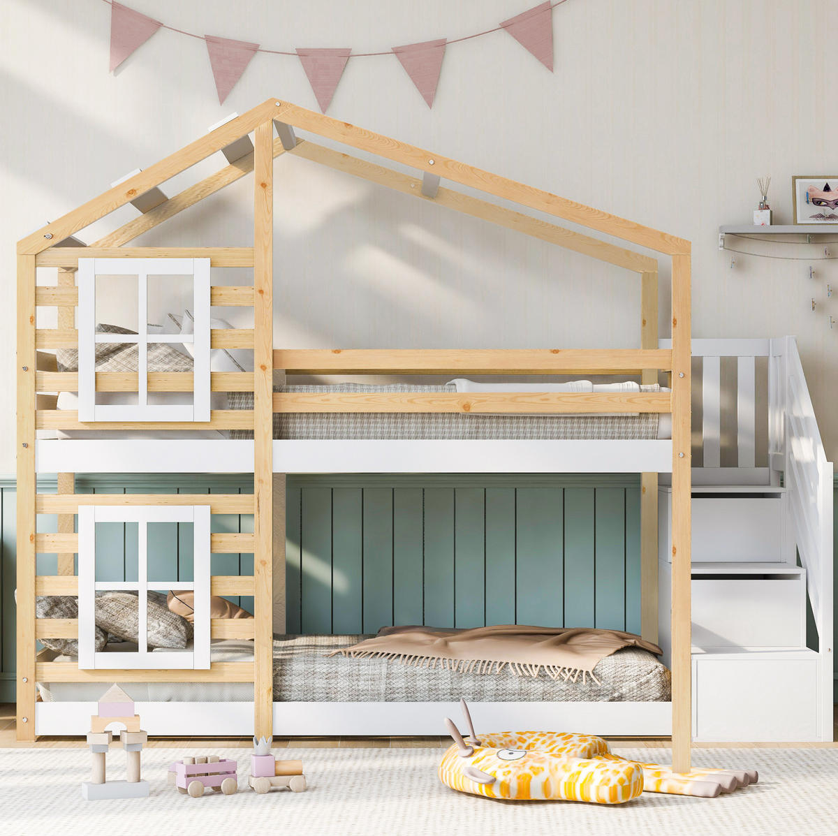 HAUSBETT 90/200 cm Natur & Weiß aus Kiefer-Massivholz und MDF mit Stauraum - Naturfarben, Holzwerkstoff (90/200cm) - OKMYHOME