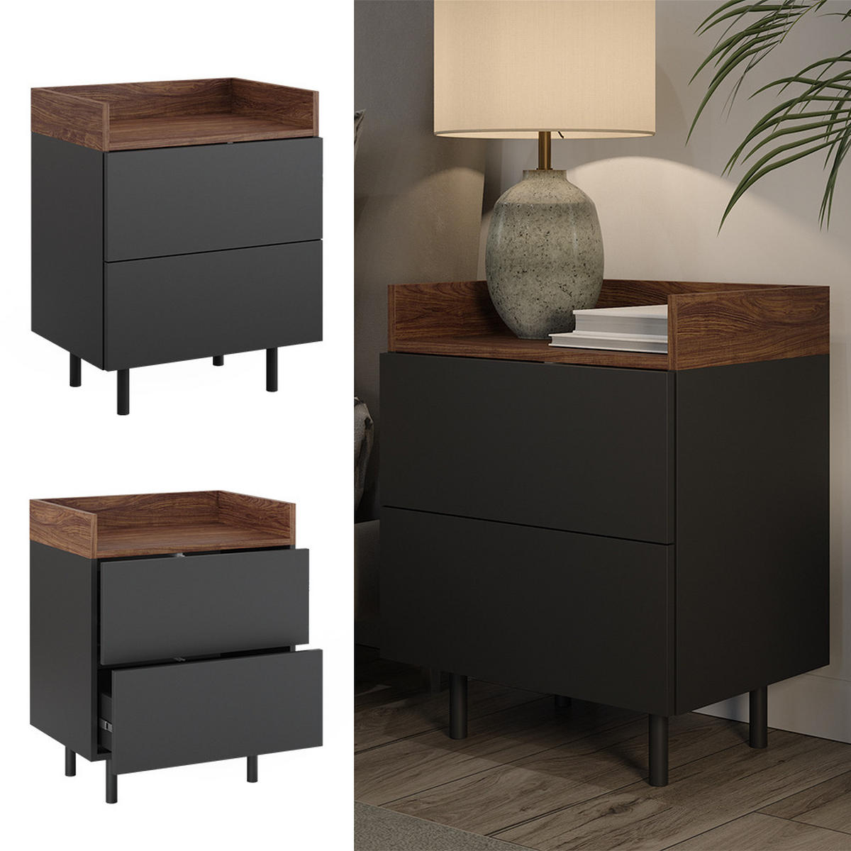 NACHTTISCH Anika Anthrazit 54 x 68 cm - Anthrazit/Walnussfarben, Holzwerkstoff (54/68/40cm) - Vicco