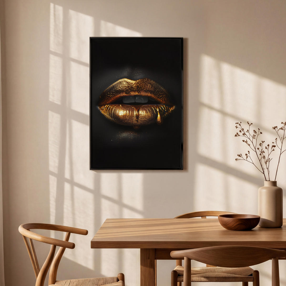 LEINWAND Bilder mit Rahmen - Frau - Porträt - Lippen - Gold - Schwarz - 60x90 - Schwarz, Textil (60/90cm) - MuchoWow