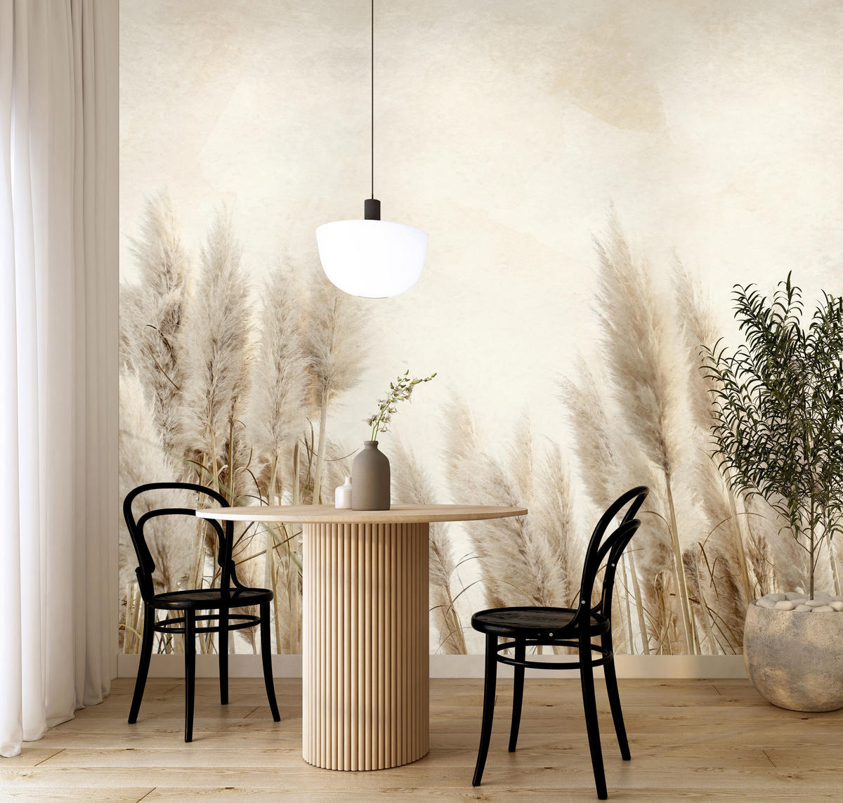 FOTOTAPETE für Schlafzimmer Boho Pampasgras Beton Pflanzen Vintage 250x175 - Beige/Braun, Papier (250/175cm) - Muralo