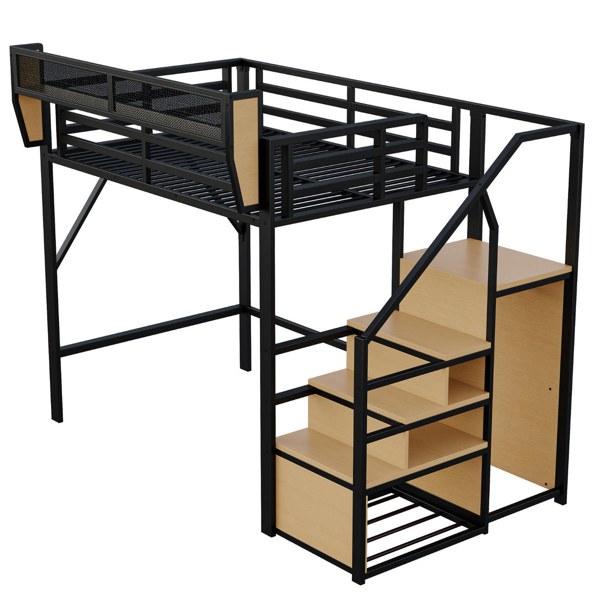 HOCHBETT 140/200 cm schwarz aus Metall und MDF mit Leiter und Ablagefach - Schwarz, Metall (140/200cm) - OKWISH