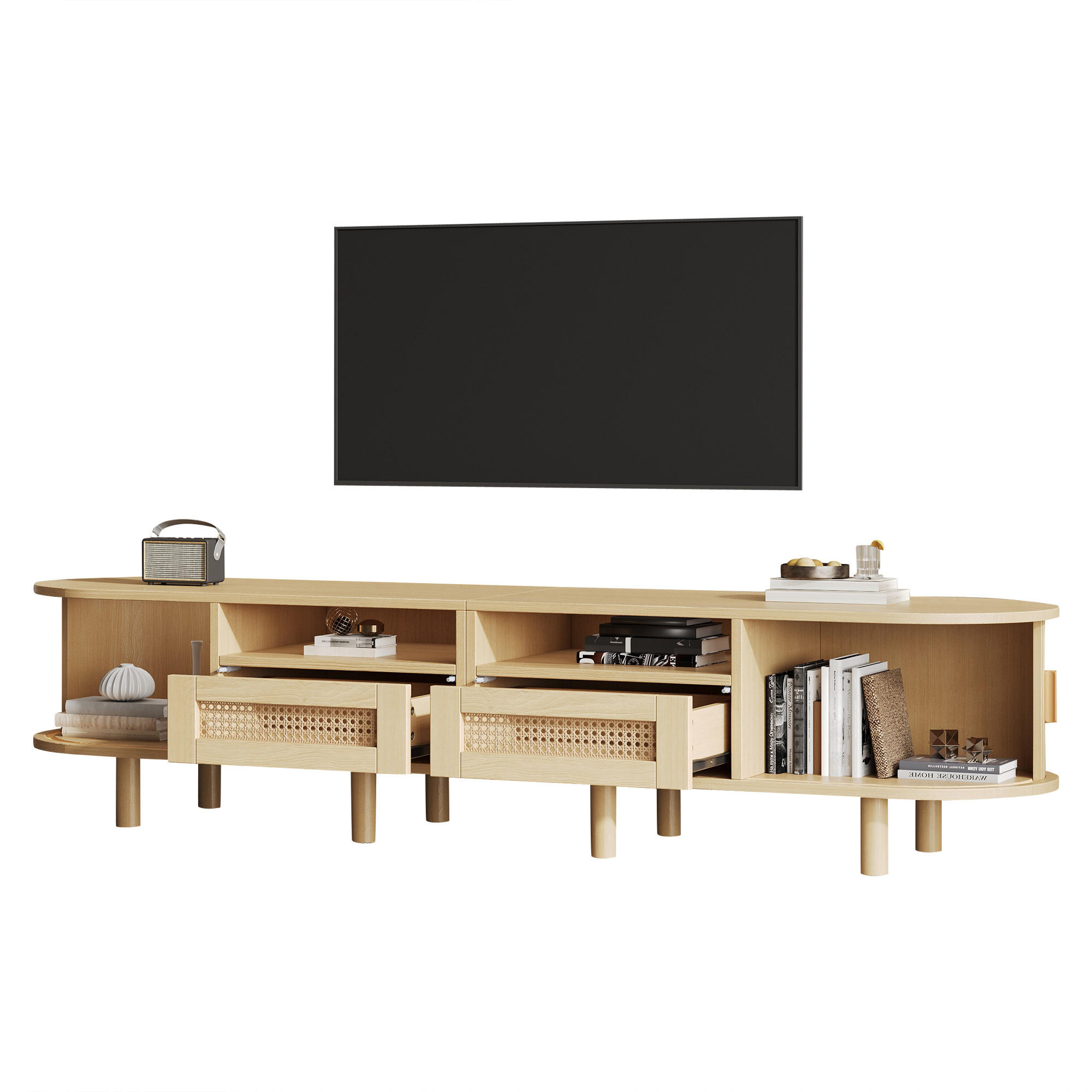 TV-BOARD aus MDF 170x40x40 cm Helles Eichenholz mit 2 Schubladen, 2 Schiebetüren und ovaler Form - Naturfarben, Holzwerkstoff (170/40/40cm) - Modfu