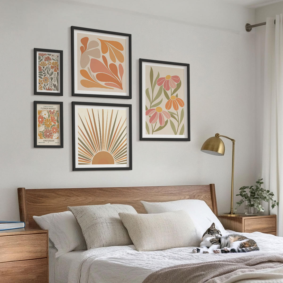 BILDER SET 5er Set - 50x50 cm & 20x30 cm & 40x60 cm Schwarzer Rahmen - Pastellfarbene Sonnenblumen - Schwarz, Kunststoff (40/60cm) - TULUP