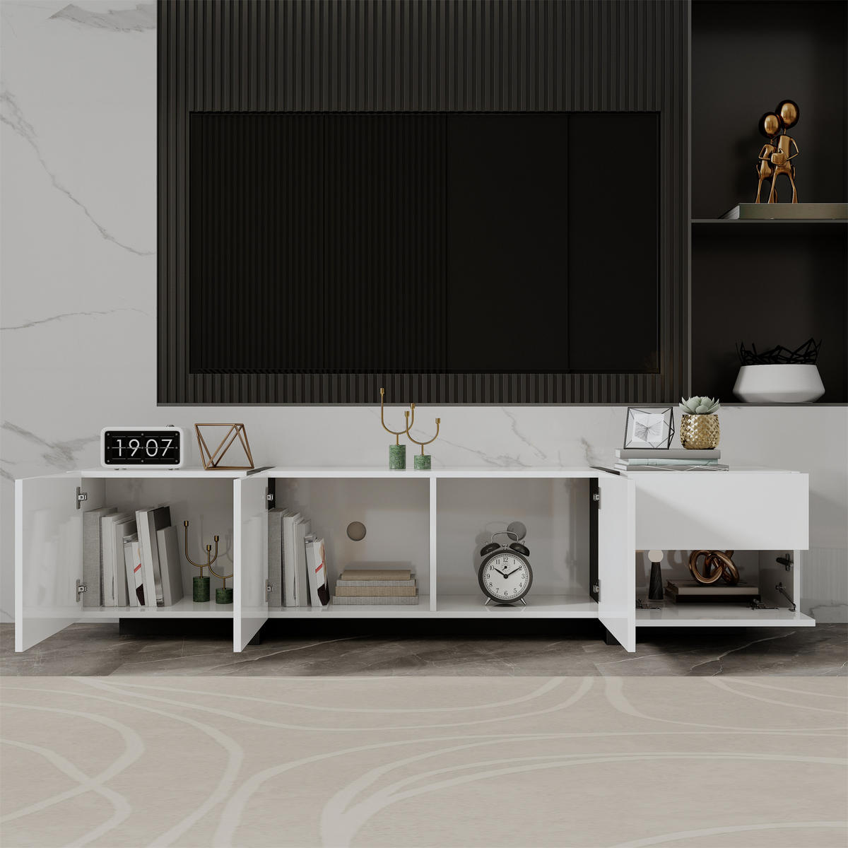 TV-SCHRANK Lowboard Weiß Hochglanz Schwarz Beine modern - Weiß, Holzwerkstoff (30/39/170cm) - FLIEKS