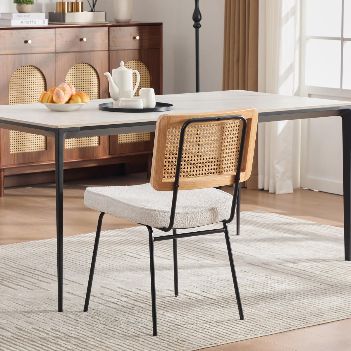 ESSZIMMERSTUHL 2er-Set, Elfenbein, Chenille, Rattanoptik - Weiß, Textil (47/82/58cm)