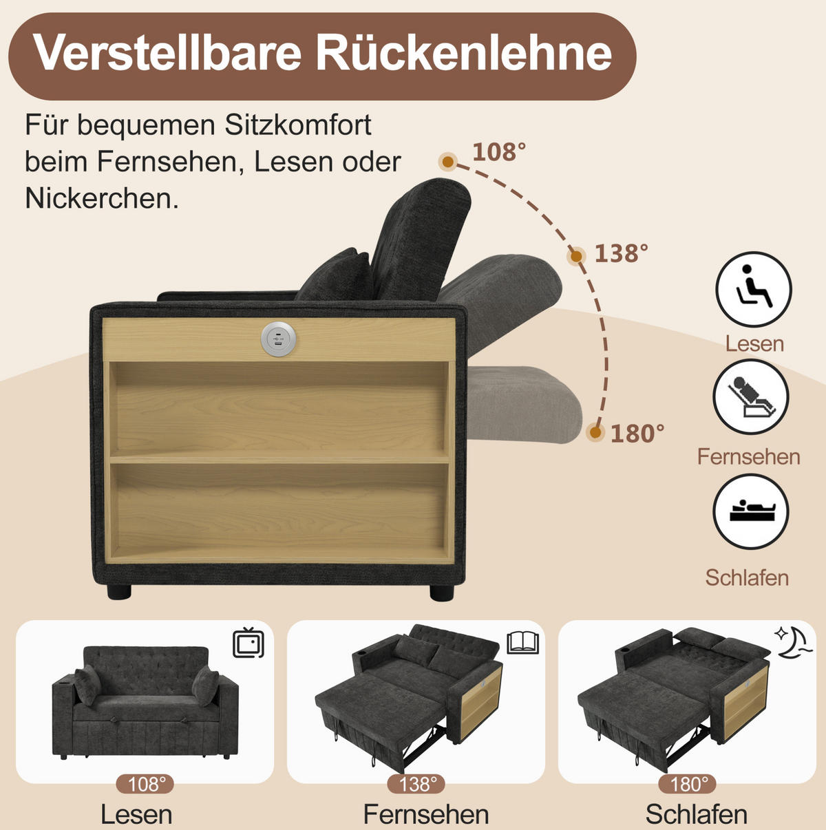 2-SITZER 140/137/84 cm Grau aus Chenille mit Schlaffunktion und USB-Ladeanschluss - Grau, Textil (137/84/140cm) - OKMYHOME