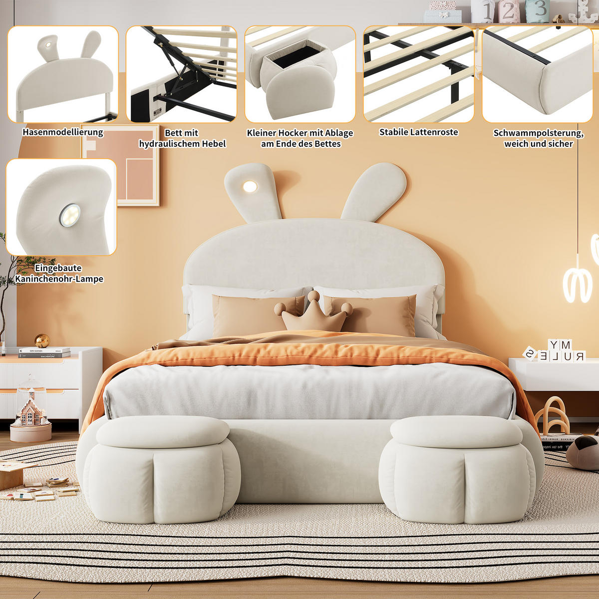 POLSTERBETT 140/200 cm mit LED-Hasenohren, hydraulischem Stauraum und 2 Aufbewahrungshockern, Samt Beige - Weiß, Textil (140/200cm) - Redom