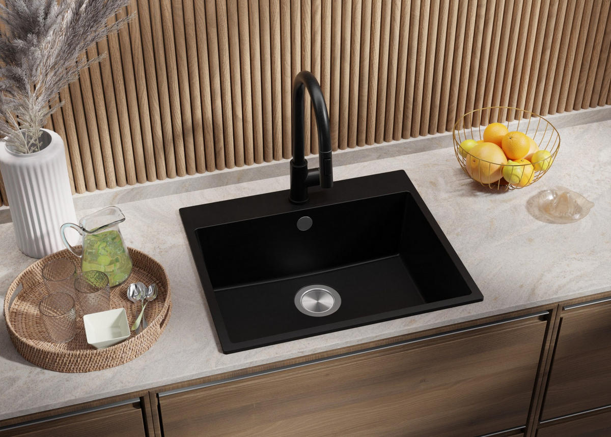SPÜLBECKEN Riga, 2-er set Schwarz 58/50 cm 1 Becken + Ablauf-Set ab 60er Unterschrank - Chromfarben/Schwarz, Kunststoff (58/20/50cm) - Primagran
