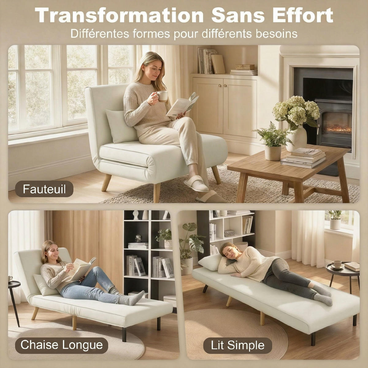 SCHLAFSESSEL 3-in-1 DE-14675 5-stufig verstellbar mit Kissen Creme - Creme, Textil (72/85/75cm) - ComfortXL