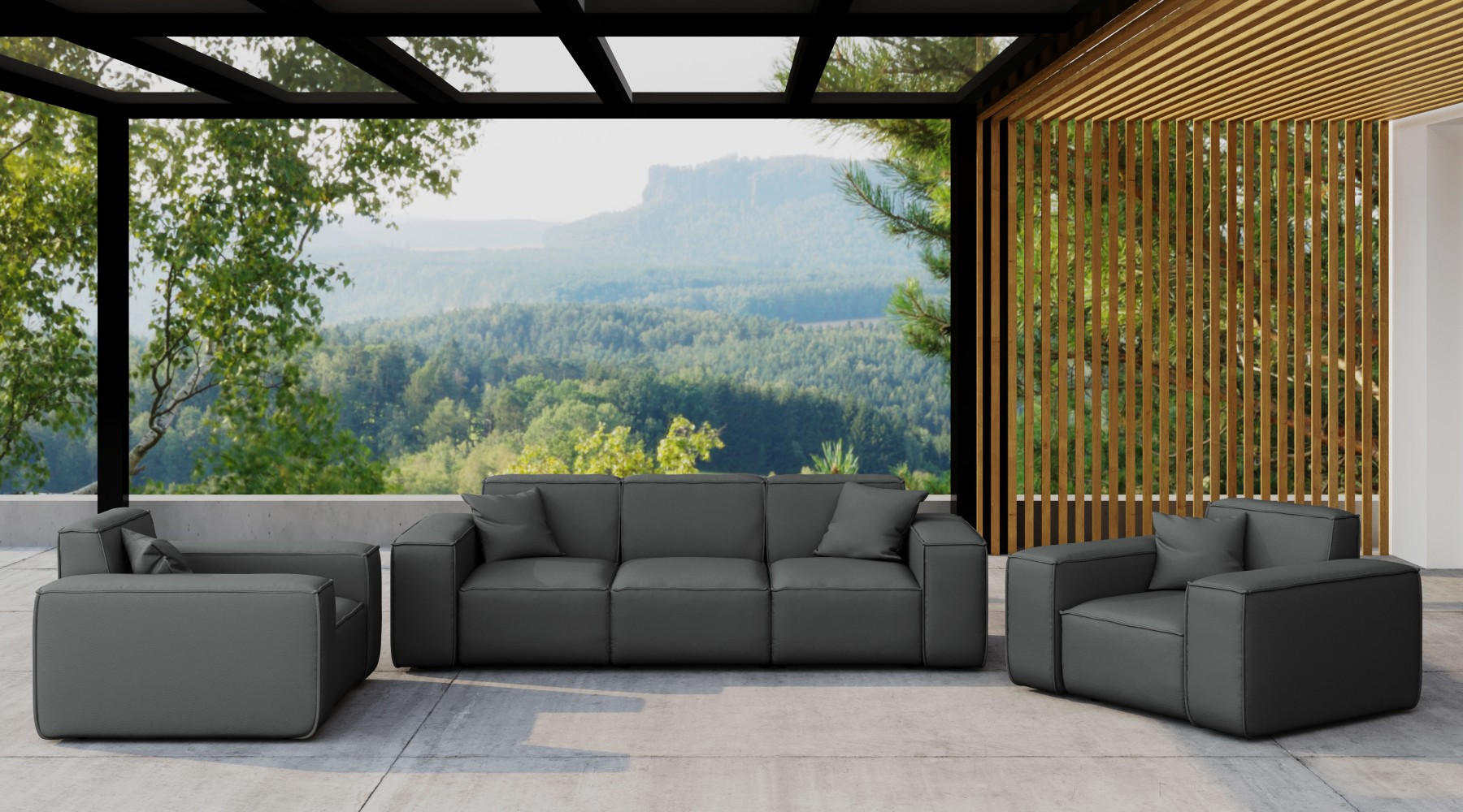 LOUNGEGARNITUR 3 1 1 Gartenmöbel, MALIBU Stoff Odyssey Anthrazit - Anthrazit, Holz - Kaiser Möbel