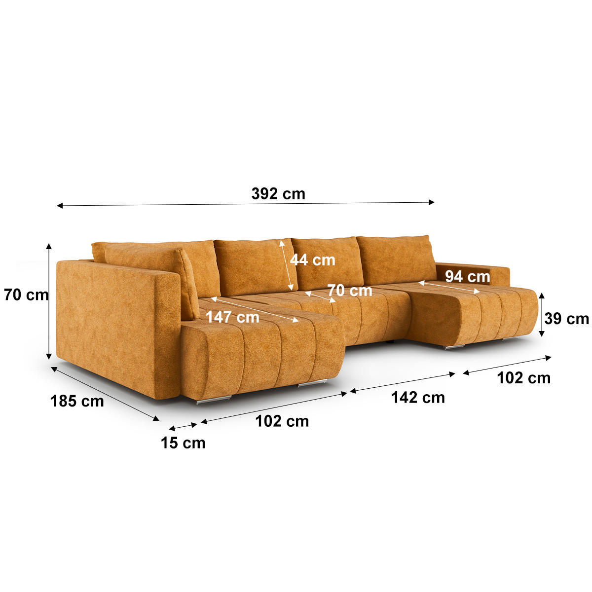 PANORAMASOFA Sergio 5 Sitzplätze Senf - Gelb, Holz (392/82/185cm) - Petits-meubles