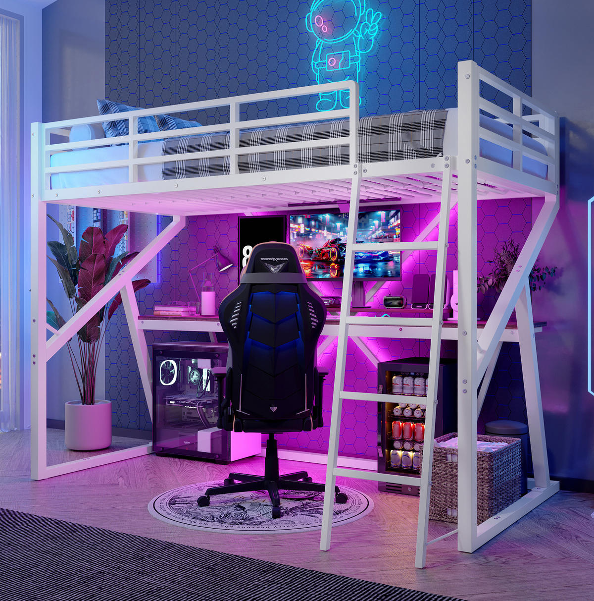 HOCHBETT 90/200 cm mit LED-Beleuchtung, Schreibtisch, Geländer und Leiter, Weiß - Weiß, Metall (90/200cm) - Redom