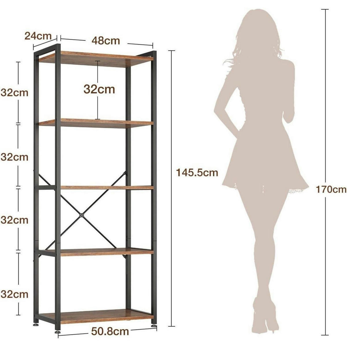 REGAL mit 5 Ebenen Braun 20 x 50.8 x 145.5 cm - Braun, Holzwerkstoff (50.8/145.5/24cm)