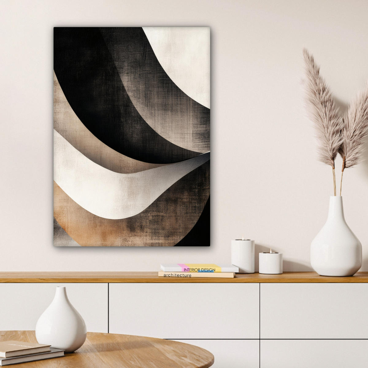 LEINWANDBILD Abstrakt - Wellen - Schwarz - Verwittert Wandbild Wohnzimmer 60x80 cm - Trüffeleichefarben, Textil (60/80cm) - MuchoWow