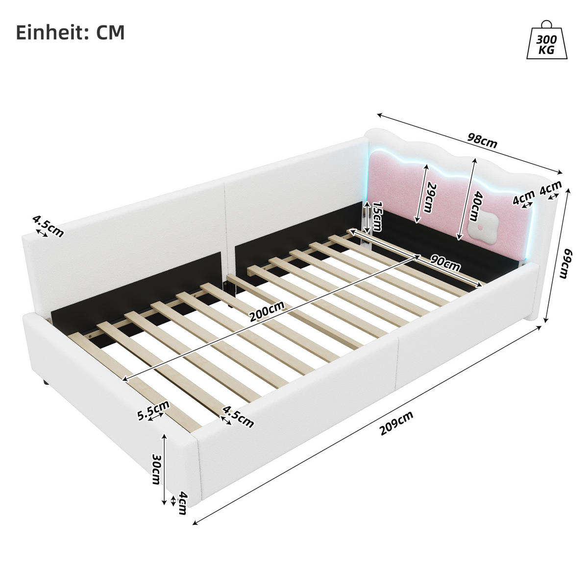 POLSTERBETT 90/200 cm Weiß aus Vliesimitat und MDF mit LED-Beleuchtung - Weiß, Textil (90/200cm) - OKMYHOME