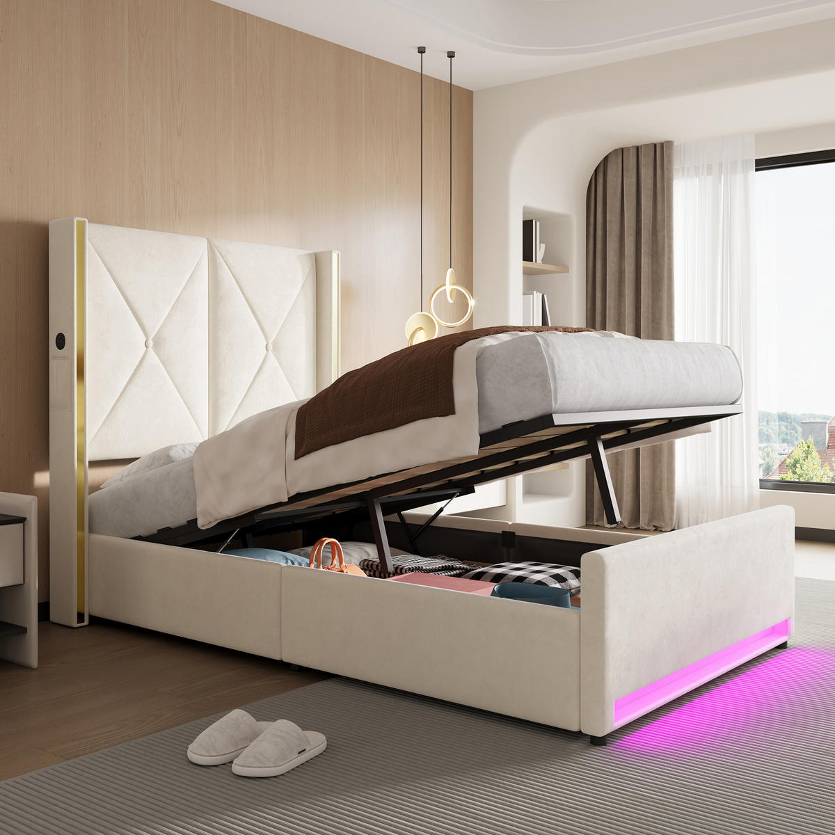 POLSTERBETT 90/200 cm in Beige mit Bettkasten, LED, USB und Type-C Samt - Beige, Holzwerkstoff/Textil (90/200cm) - STILVORA